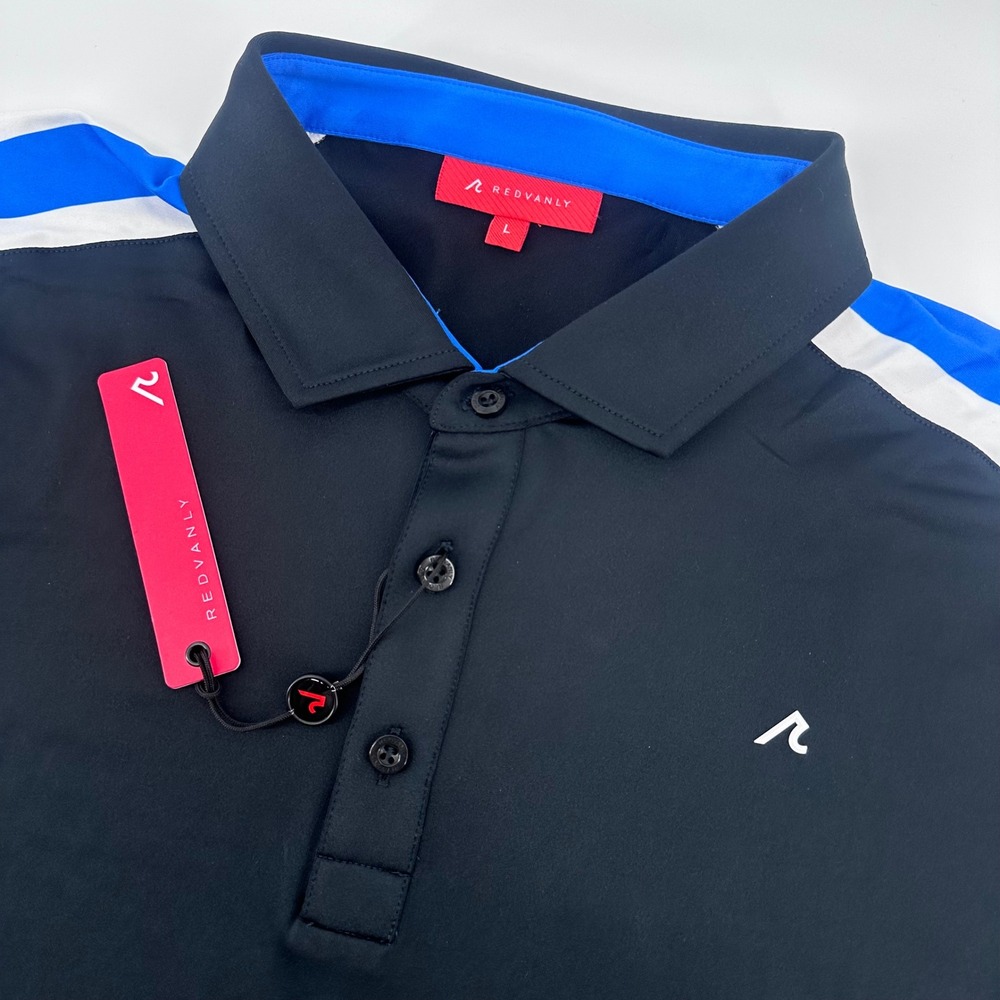 Redvanly Polo Shirt Mens L Black Blue White Stripe Performance Golf‎ New